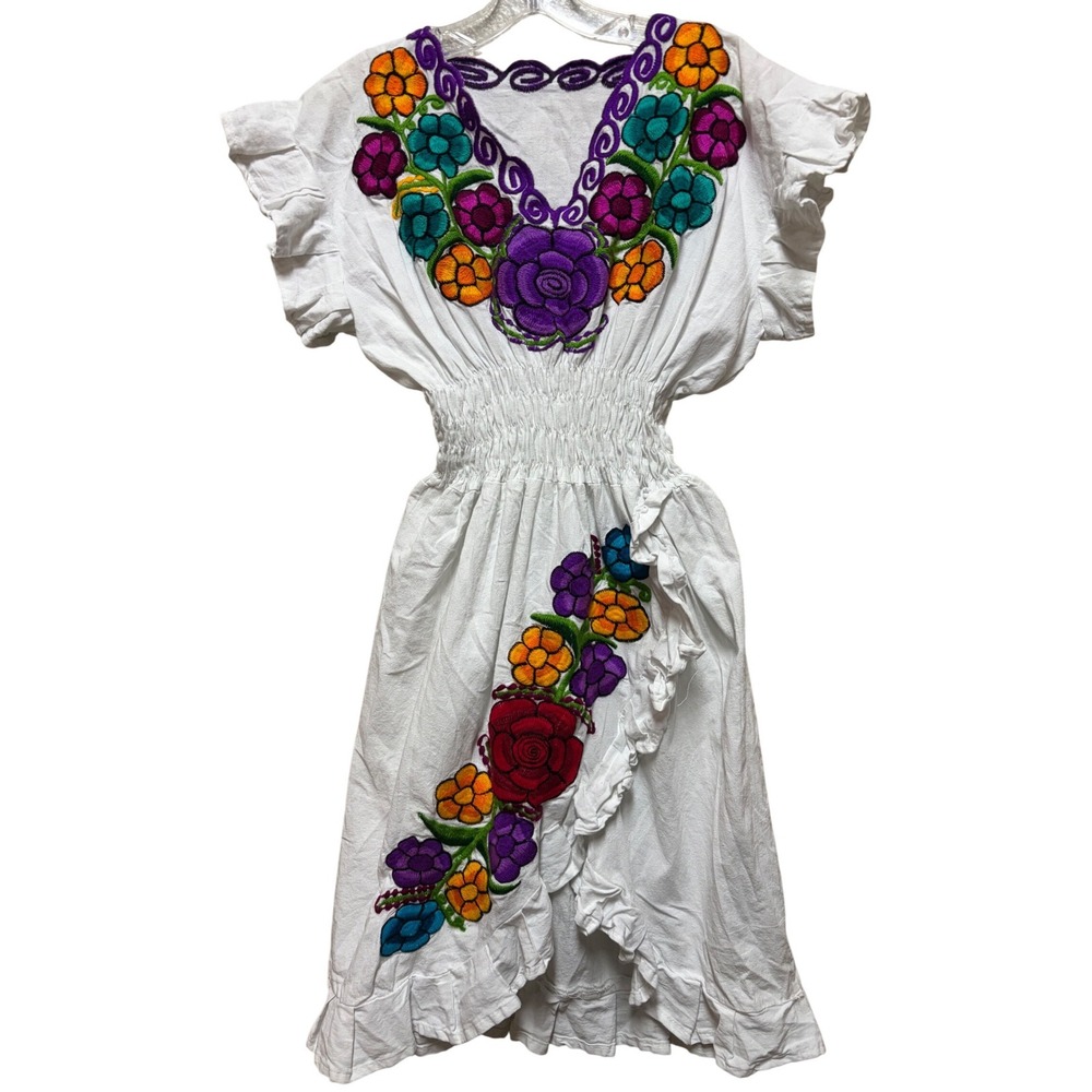 Mexican Floral Embroidered White Dress Smocked Waist Ruffle Hem V-Neck Midi